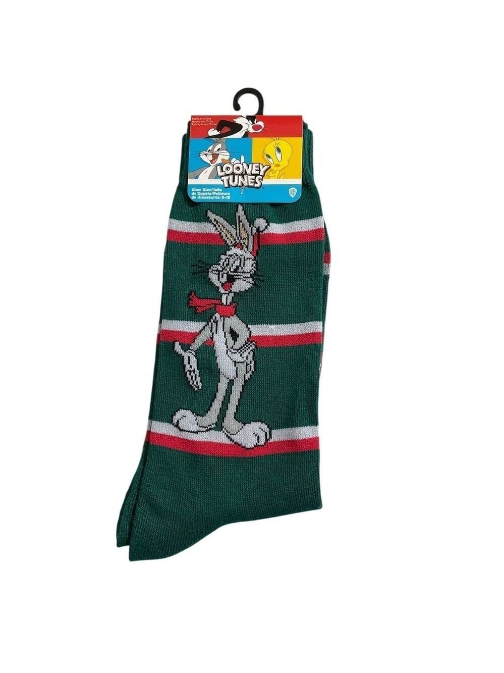NWT Looney Tunes Bugs Bunny Holiday Socks Sz 6–12 Green Red Striped Gift unisex